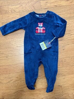 Perry Ellis Navy Plush Footed One-Piece with Bear Applique